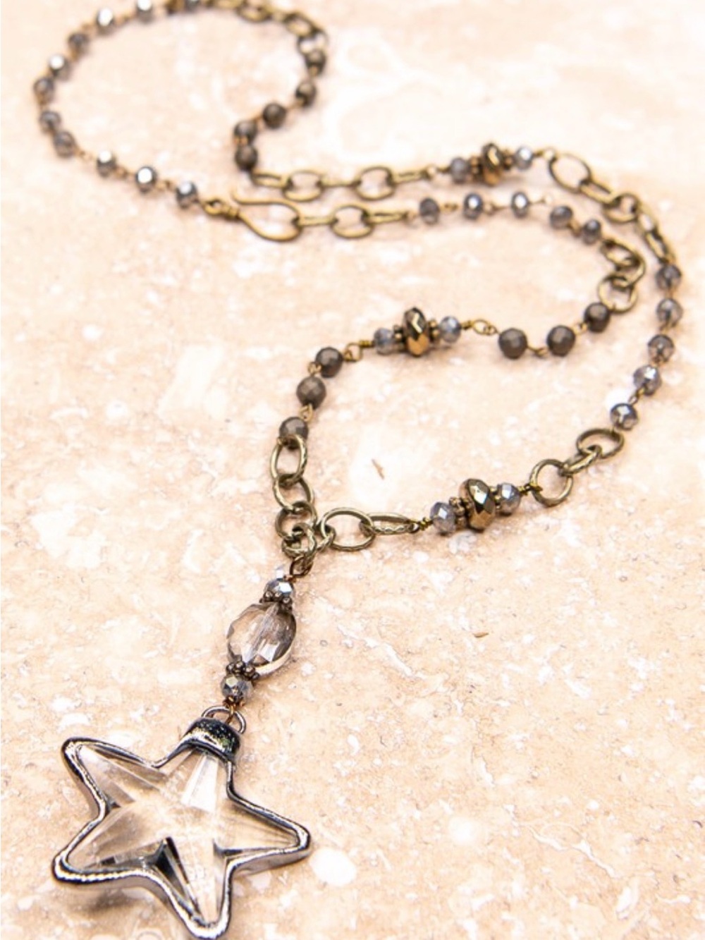 Long Crystal Star Pendant Necklace in Silver-Tone